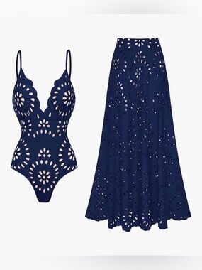 Flaxmaker One Piece Petal Hollow V Neck Swimsuit and Skirt Blue XL NWT